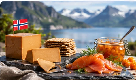 Norwegian brown cheese, smoked salmon, crispbread and cloudberries by a fjord